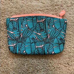 Coral Tropical Leaf Makeup Bag